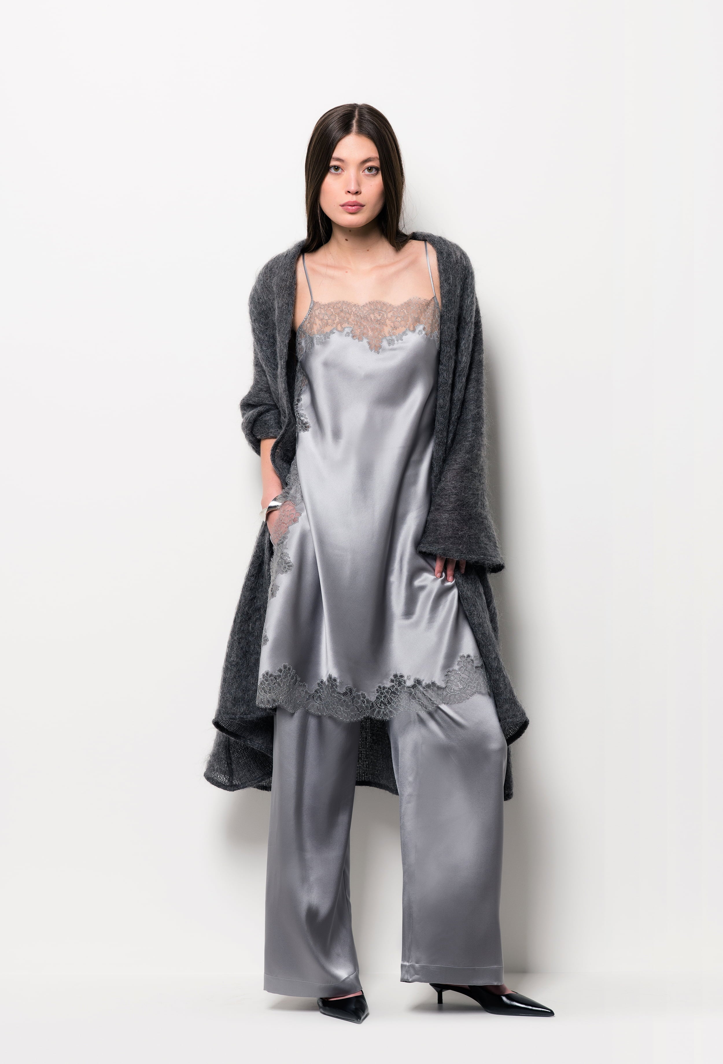 Be seduced by Carine Gilson most beautiful silk lingerie collection with this Midi dress Straight Neckline in LeadGrey Silk with Grey lace