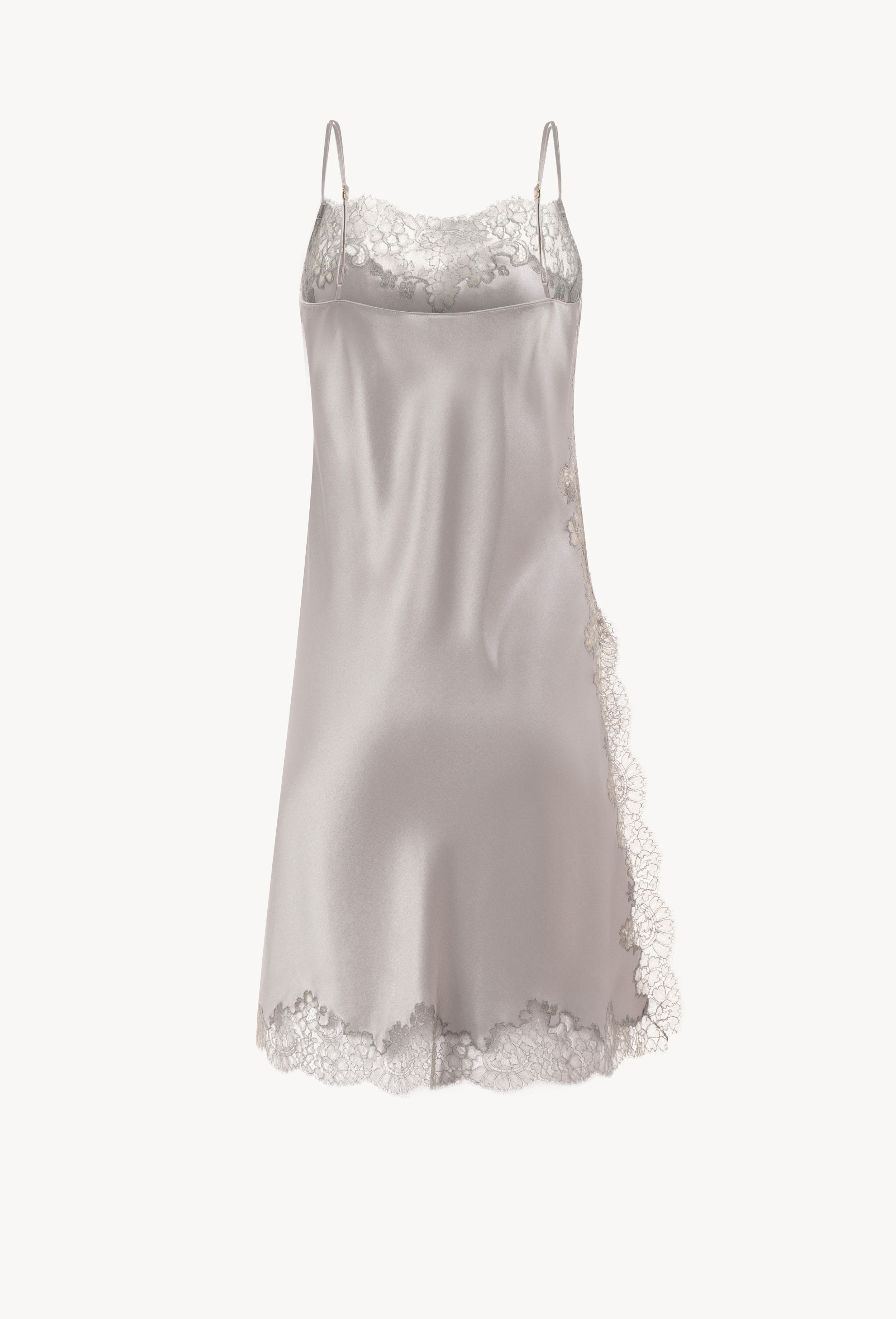 Be seduced by Carine Gilson most beautiful silk lingerie collection with this Midi dress Straight Neckline in LeadGrey Silk with Grey lace