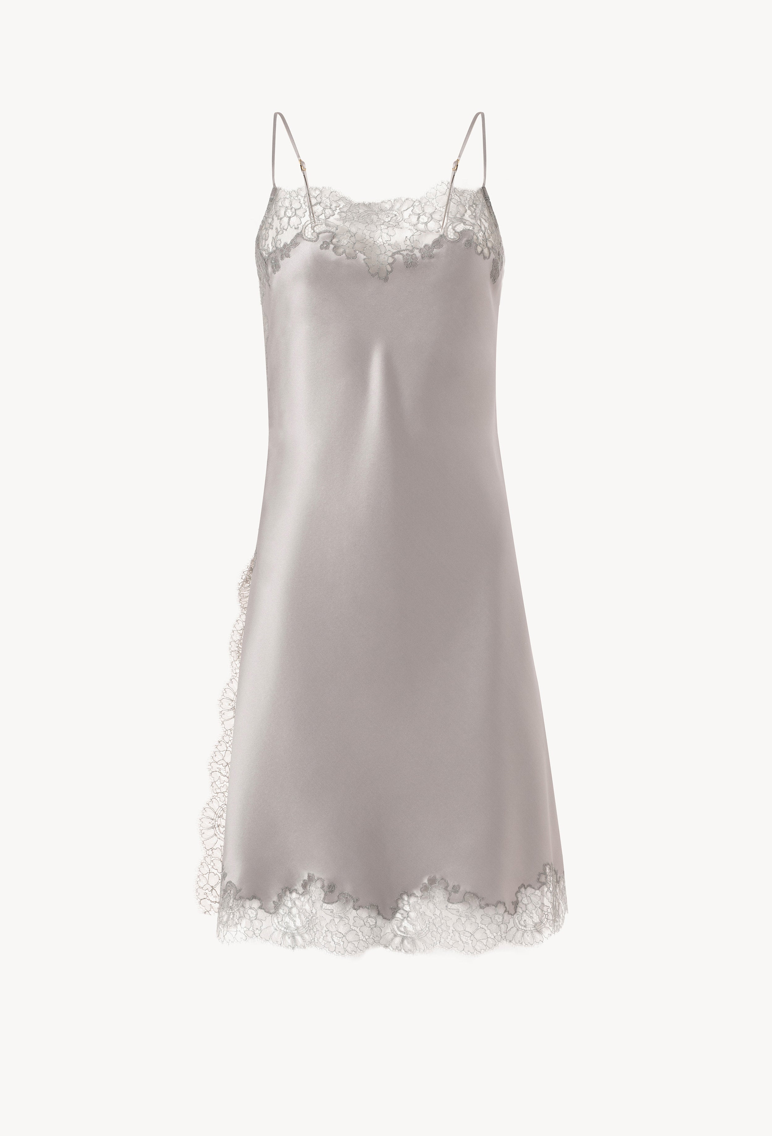 Be seduced by Carine Gilson most beautiful silk lingerie collection with this Midi dress Straight Neckline in LeadGrey Silk with Grey lace