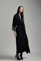 Enjoy the Winter 2026-27 collection of lingerie couture from the house Carine Gilson with this Long Kimono Raglan Style in Black Silk  with Black lace