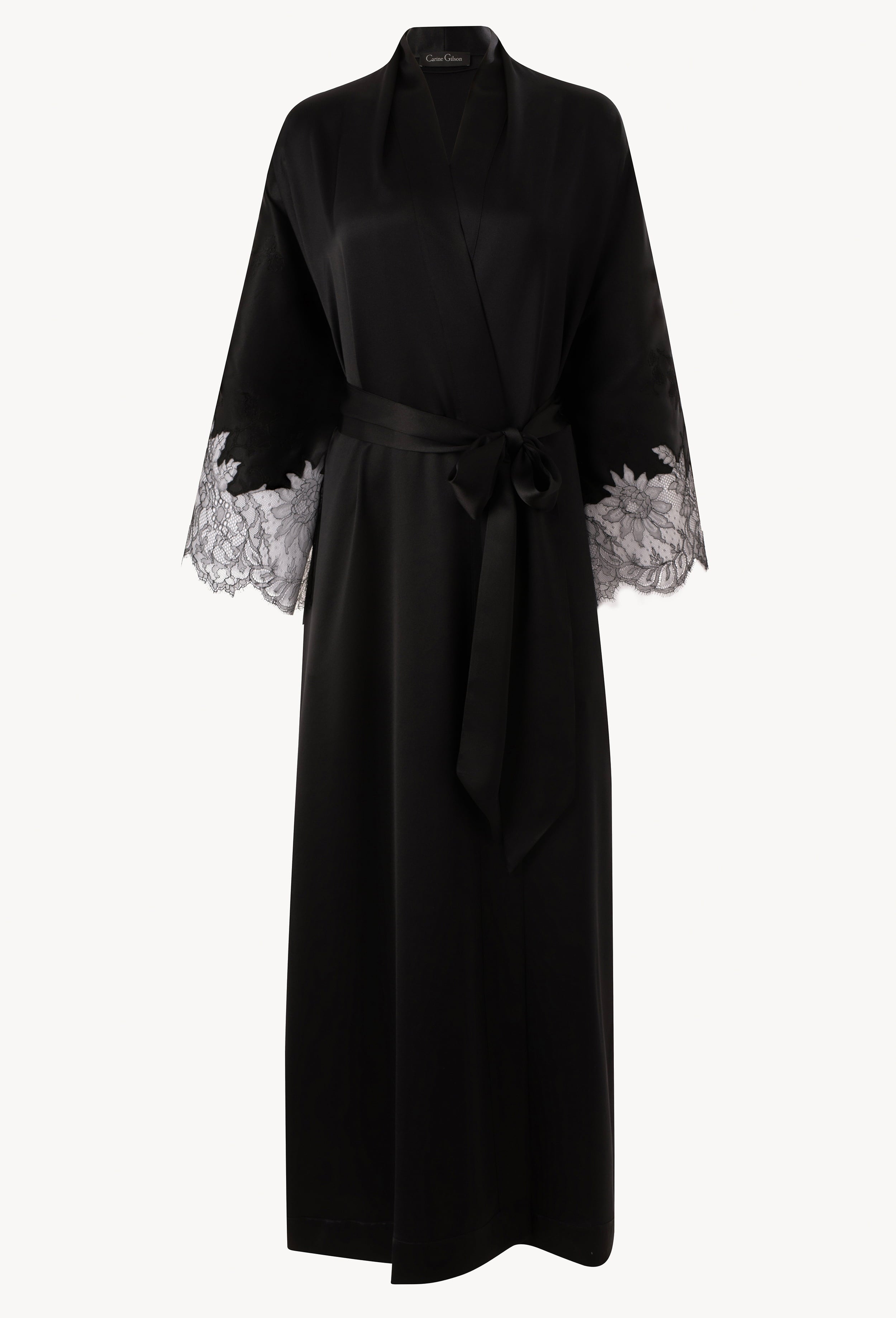 Enjoy the Winter 2026-27 collection of lingerie couture from the house Carine Gilson with this Long Kimono Raglan Style in Black Silk  with Black lace