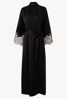 Enjoy the Winter 2026-27 collection of lingerie couture from the house Carine Gilson with this Long Kimono Raglan Style in Black Silk  with Black lace