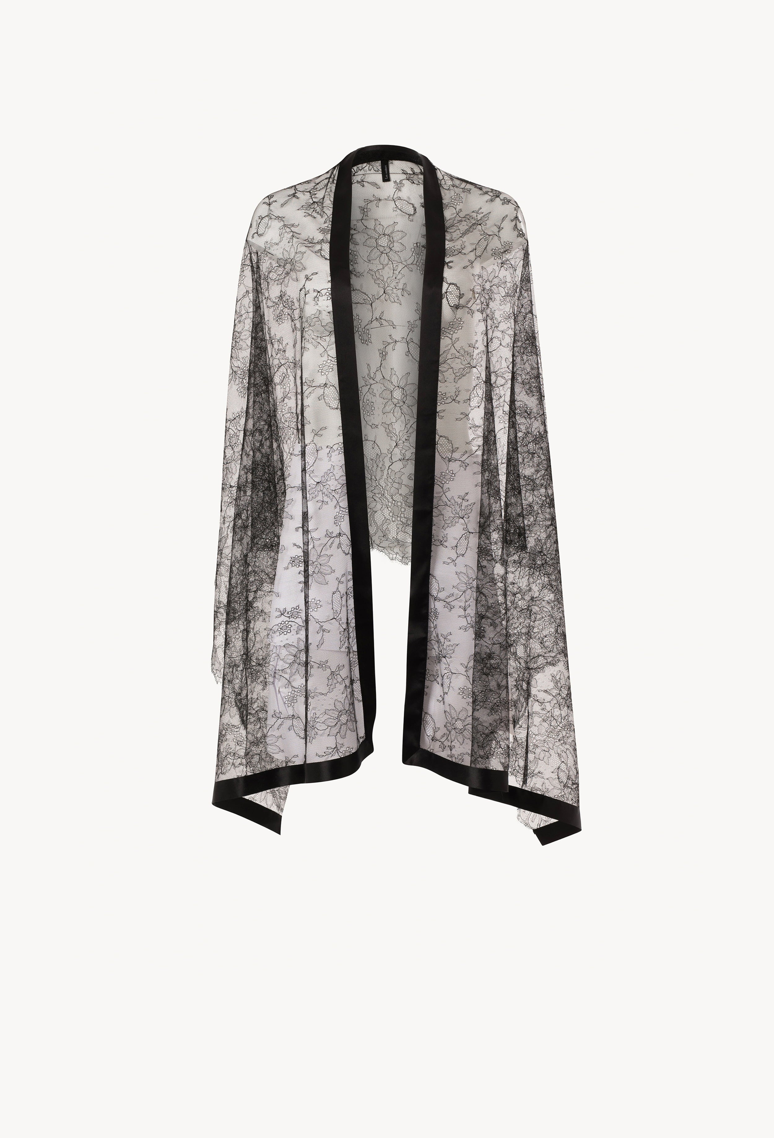 The Winter 2026-27 collection from the house Carine Gilson - The most beautiful couture lingerie to be discovered with this Large Stole with 3 facing - 65 x 210 approx in Black Silk  with Black lace
