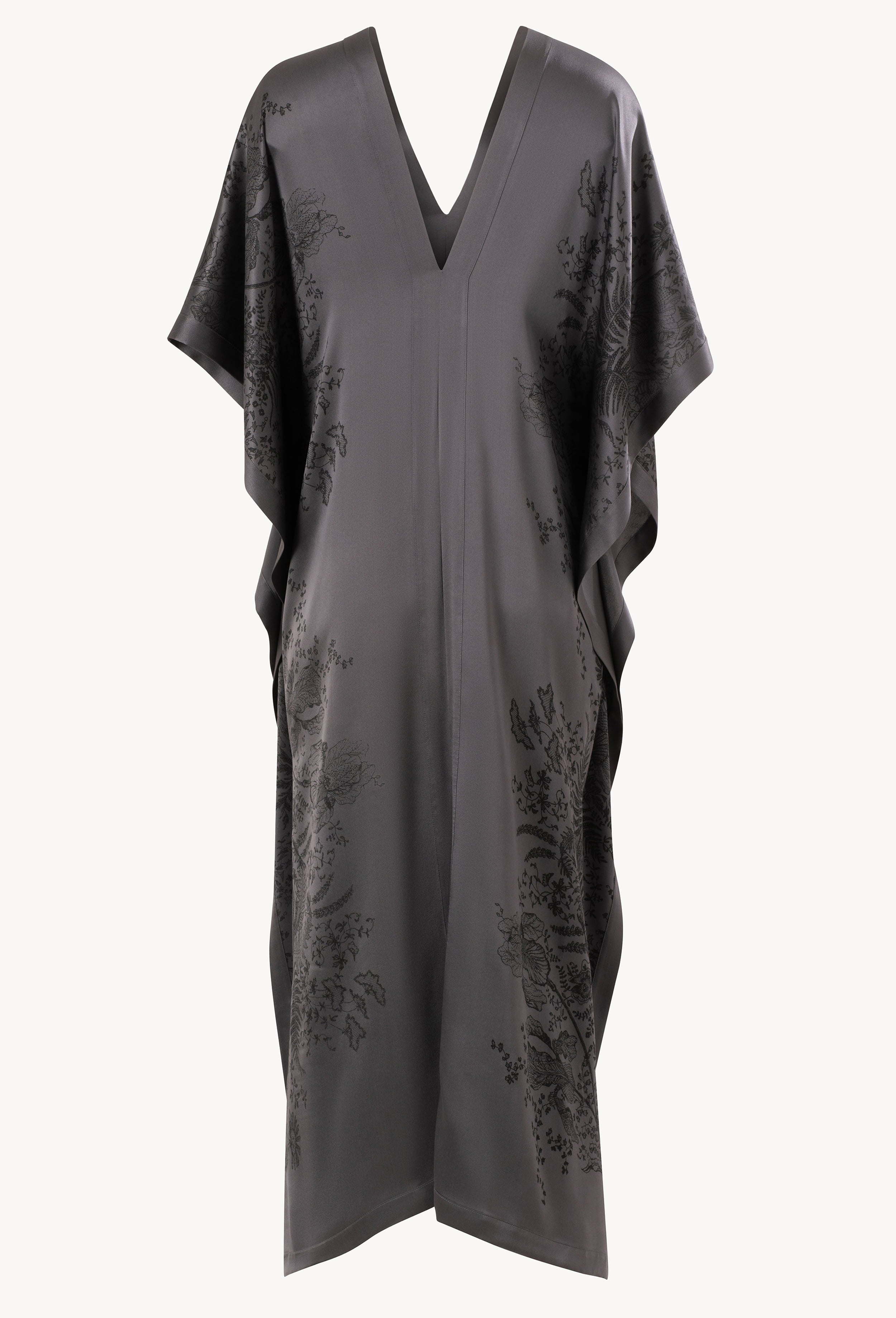 Be seduced by Carine Gilson most beautiful silk lingerie collection with this Long Kaftan V Neck Back and Front in StormGrey print Silk 