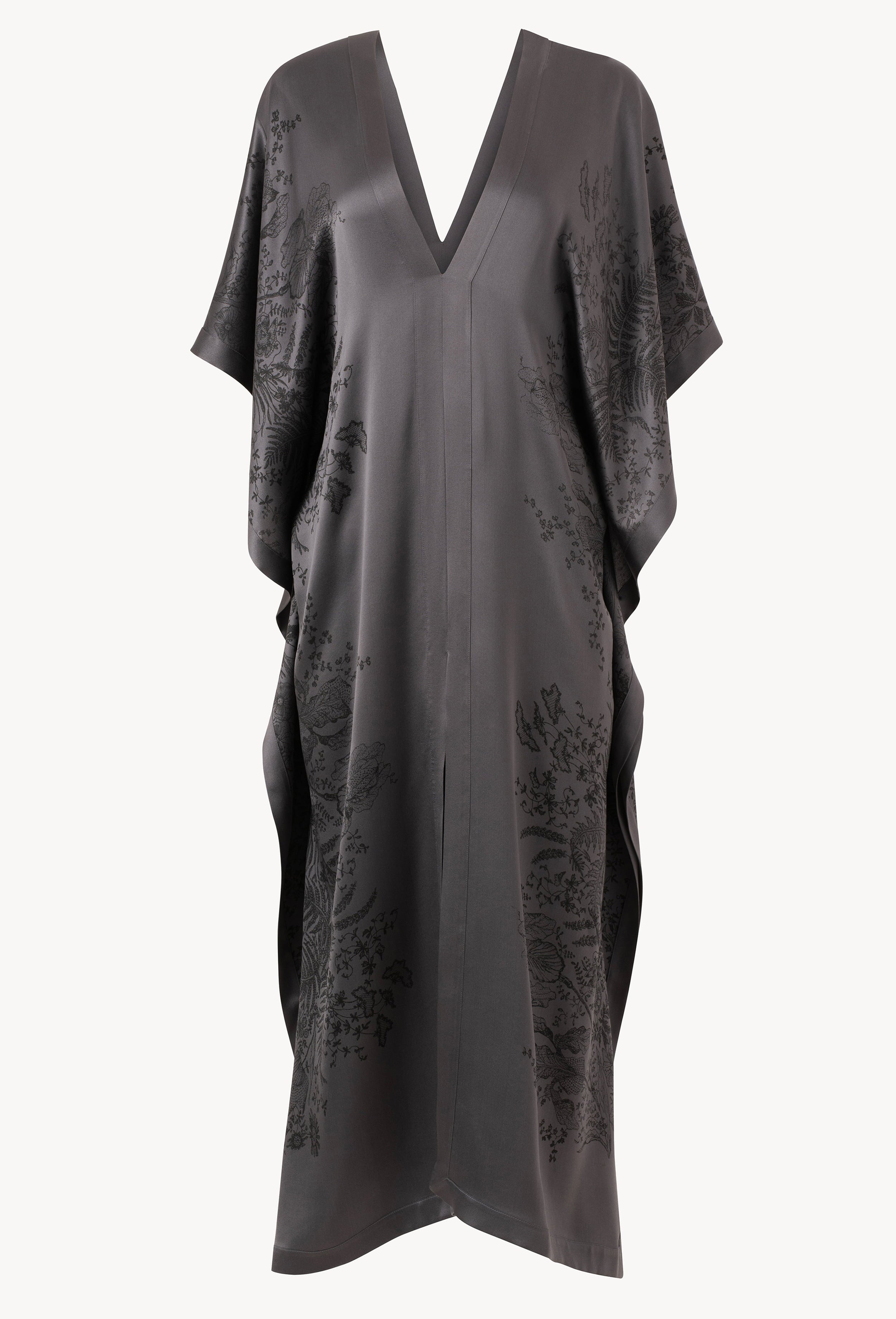 Be seduced by Carine Gilson most beautiful silk lingerie collection with this Long Kaftan V Neck Back and Front in StormGrey print Silk 