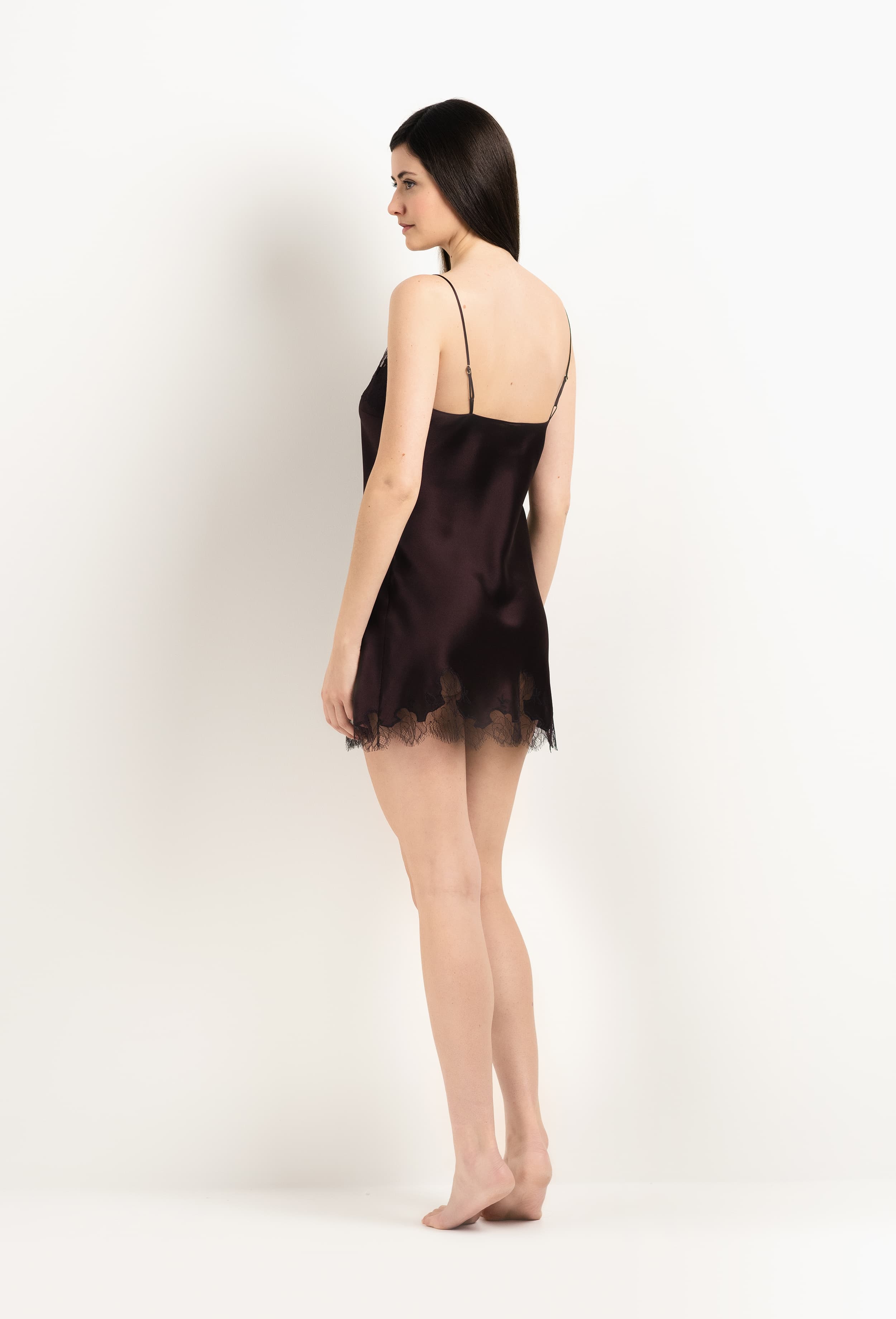 Made of silk and lace, explore the lingerie collection 2025 Winter from the house Carine Gilson with this Slip Babydoll Style V Neckline in Ebony Silk  with Ebony lace
