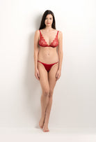 Discover the unique craftmanship of the belgian designer Carine Gilson in her atelier for the 2025 summer collection with this Soft Bra All Lace in Flam red Silk  with red lace