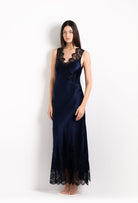 Enjoy the 2026 Cruise collection from the house Carine Gilson with this Long Gown V Neckline in Dark Marine Blue Silk  with black lace