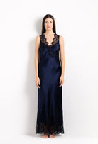 Enjoy the 2026 Cruise collection from the house Carine Gilson with this Long Gown V Neckline in Dark Marine Blue Silk  with black lace