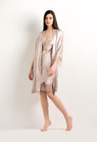 Made of silk and lace, explore the lingerie collection 2024 winter from the house Carine Gilson with this 3/4 Length Kimono Classic Sleeves in dove grey lilac Silk with pink rose lace