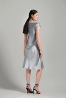 Enjoy the Hiver 2026-27 collection of couture from the house Carine Gilson with this Midi Dress boat neck in LeadGrey Silk with Grey lace