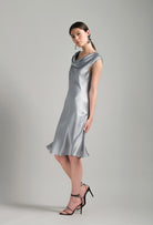 Enjoy the Hiver 2026-27 collection of couture from the house Carine Gilson with this Midi Dress boat neck in LeadGrey Silk with Grey lace