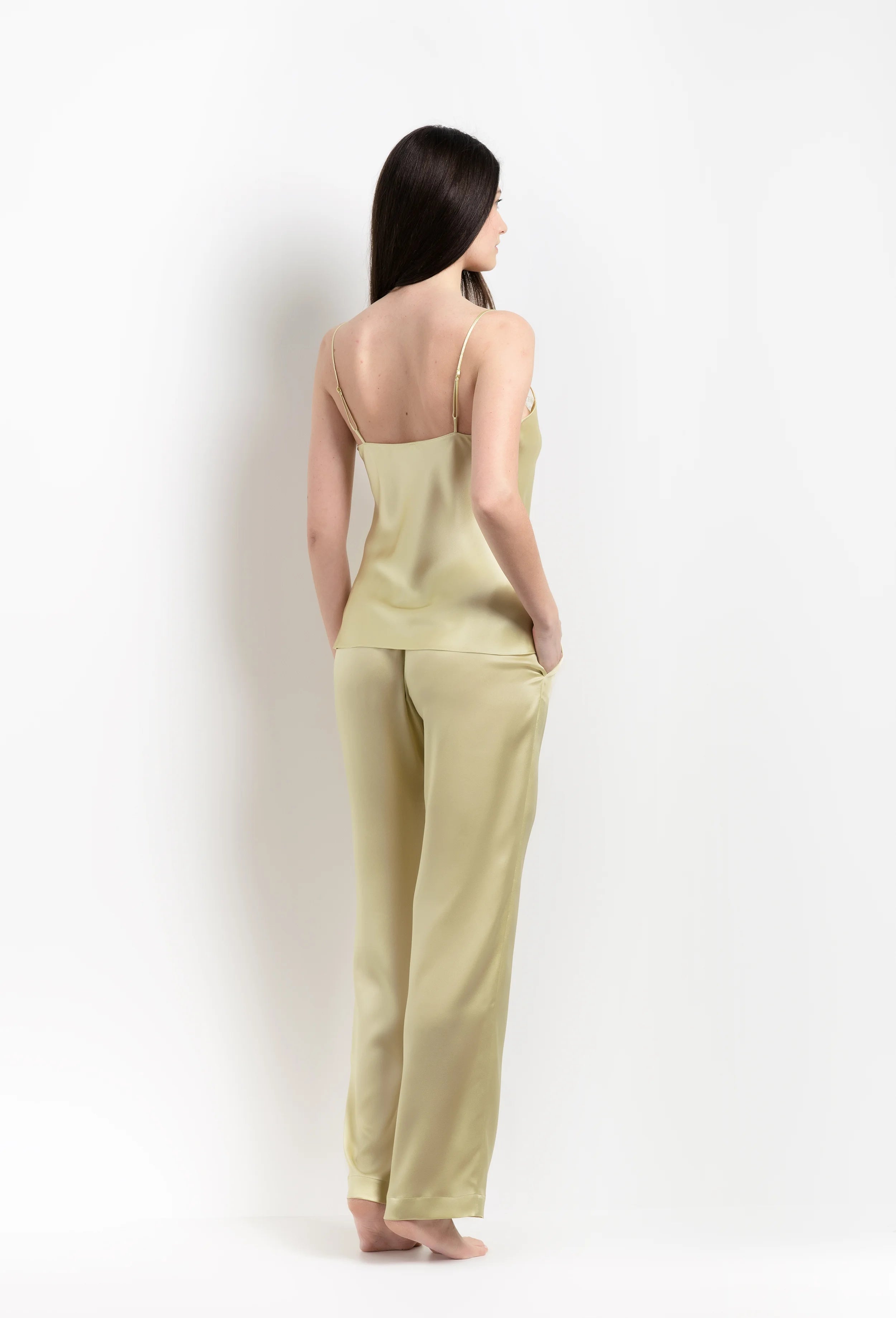 The 2026 Summer collection from the house Carine Gilson - The most beautiful couture lingerie to be discovered with this classic camisole in light yellow silk with acid yellow lace