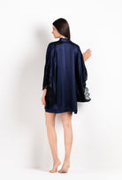 The 2026 Cruise collection from the house Carine Gilson - The most beautiful couture lingerie to be discovered with this Short Kimono Butterfly Sleeves in Dark Marine Blue Silk  with black lace