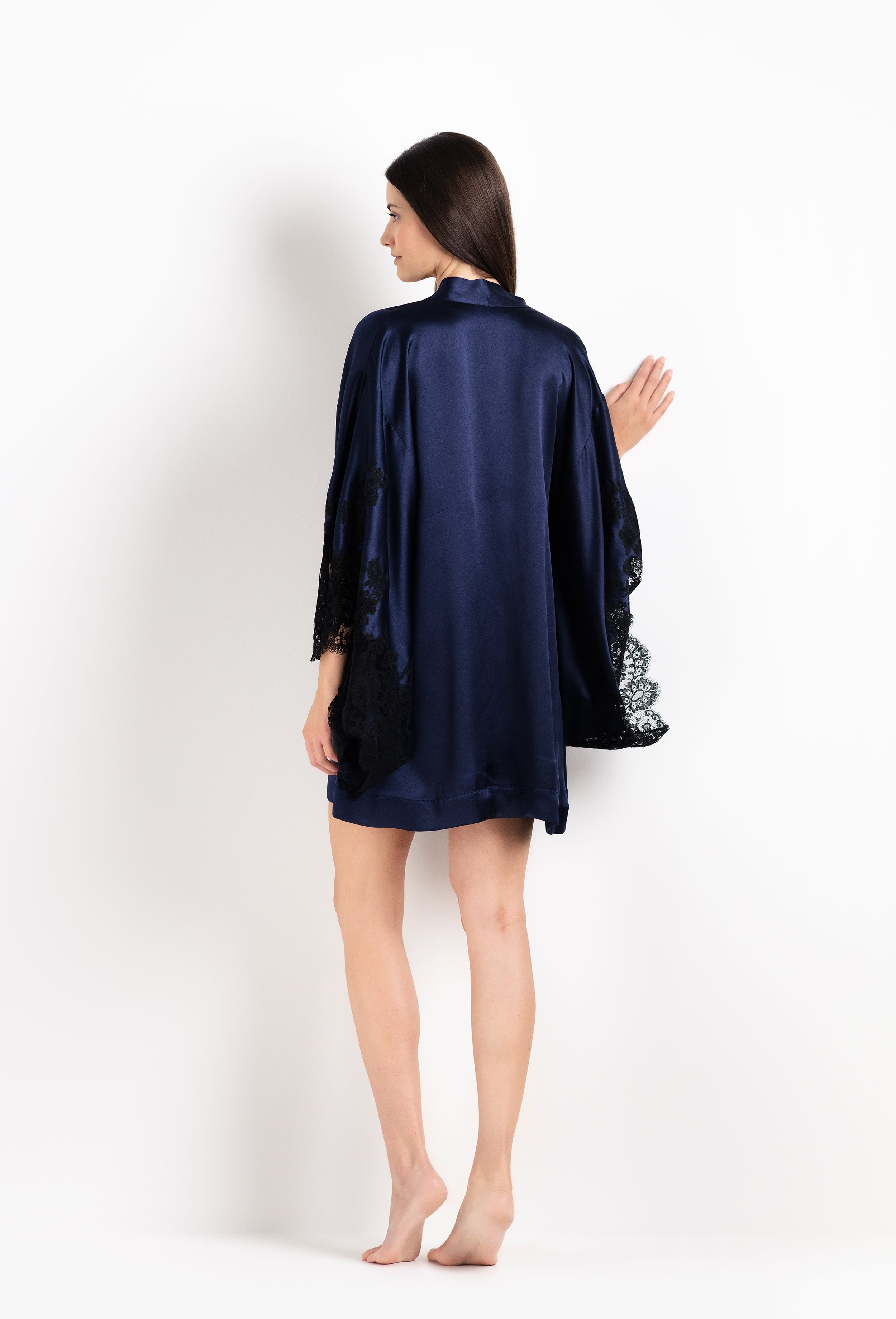 The 2026 Cruise collection from the house Carine Gilson - The most beautiful couture lingerie to be discovered with this Short Kimono Butterfly Sleeves in Dark Marine Blue Silk  with black lace
