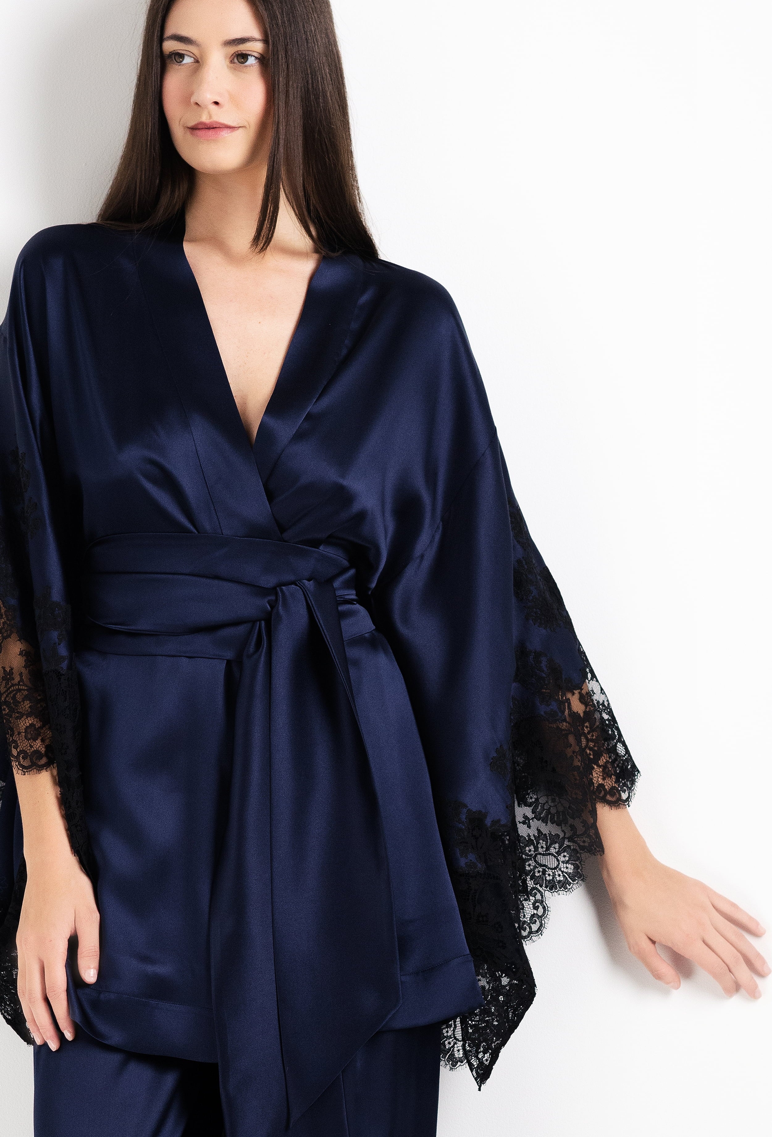 The 2026 Cruise collection from the house Carine Gilson - The most beautiful couture lingerie to be discovered with this Short Kimono Butterfly Sleeves in Dark Marine Blue Silk  with black lace
