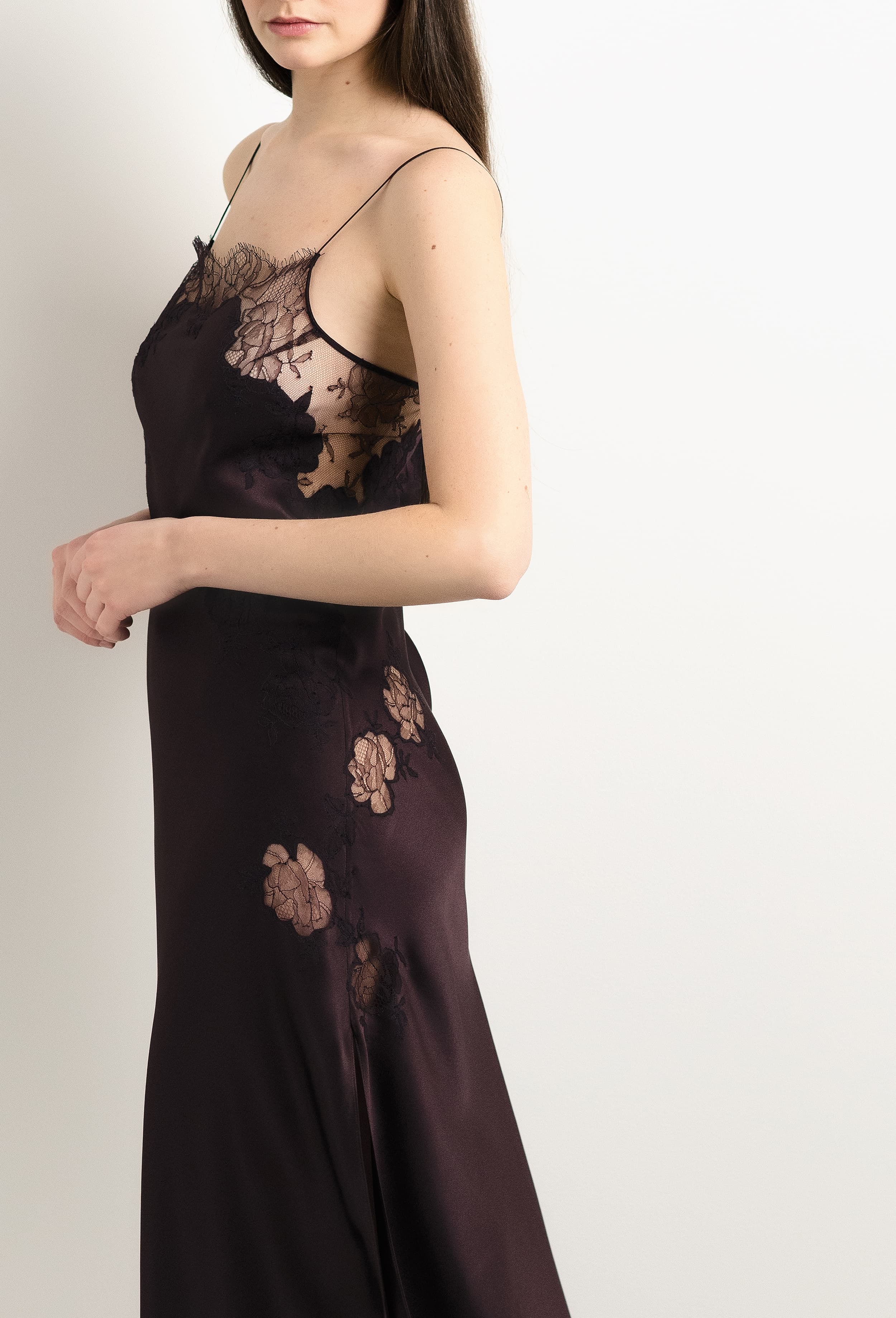 Discover the unique craftmanship of the belgian designer Carine Gilson in her atelier for the 2025 Winter collection with this Long Gown Straight Neckline in Ebony Silk  with Ebony lace