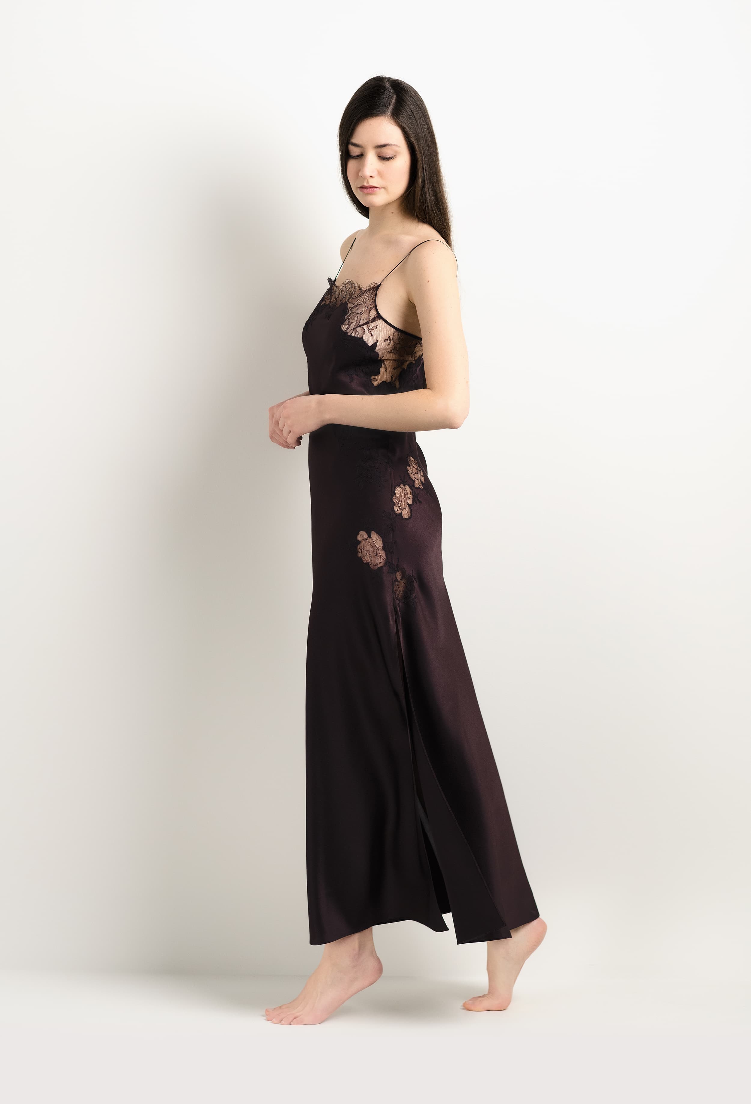 Discover the unique craftmanship of the belgian designer Carine Gilson in her atelier for the 2025 Winter collection with this Long Gown Straight Neckline in Ebony Silk  with Ebony lace