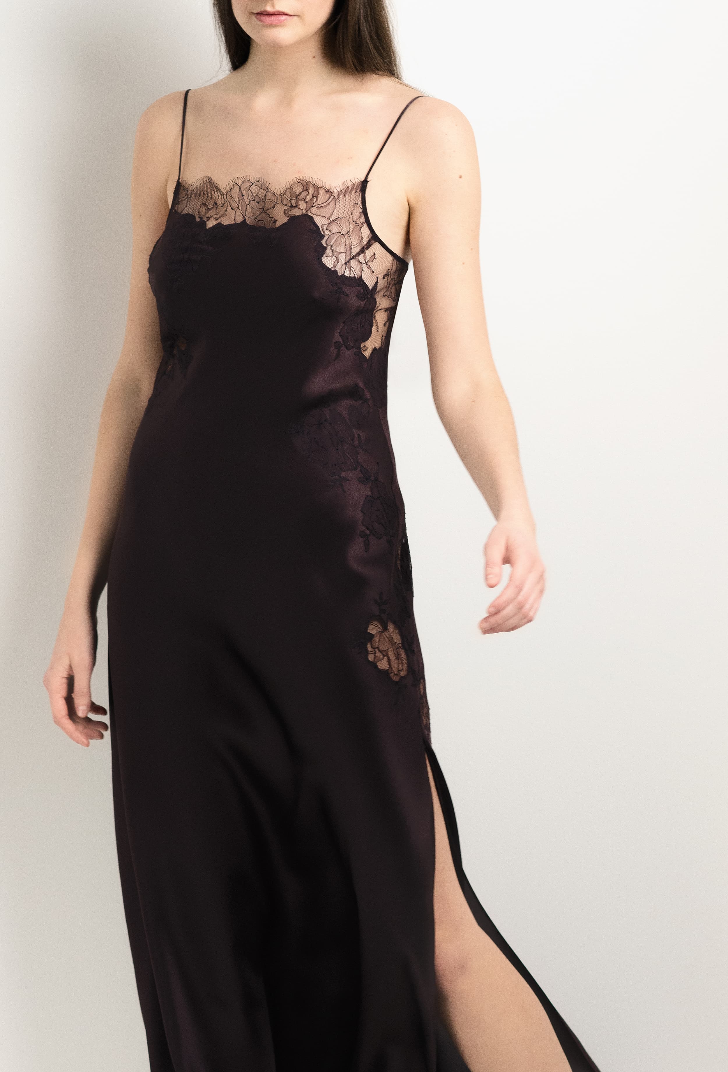 Discover the unique craftmanship of the belgian designer Carine Gilson in her atelier for the 2025 Winter collection with this Long Gown Straight Neckline in Ebony Silk  with Ebony lace