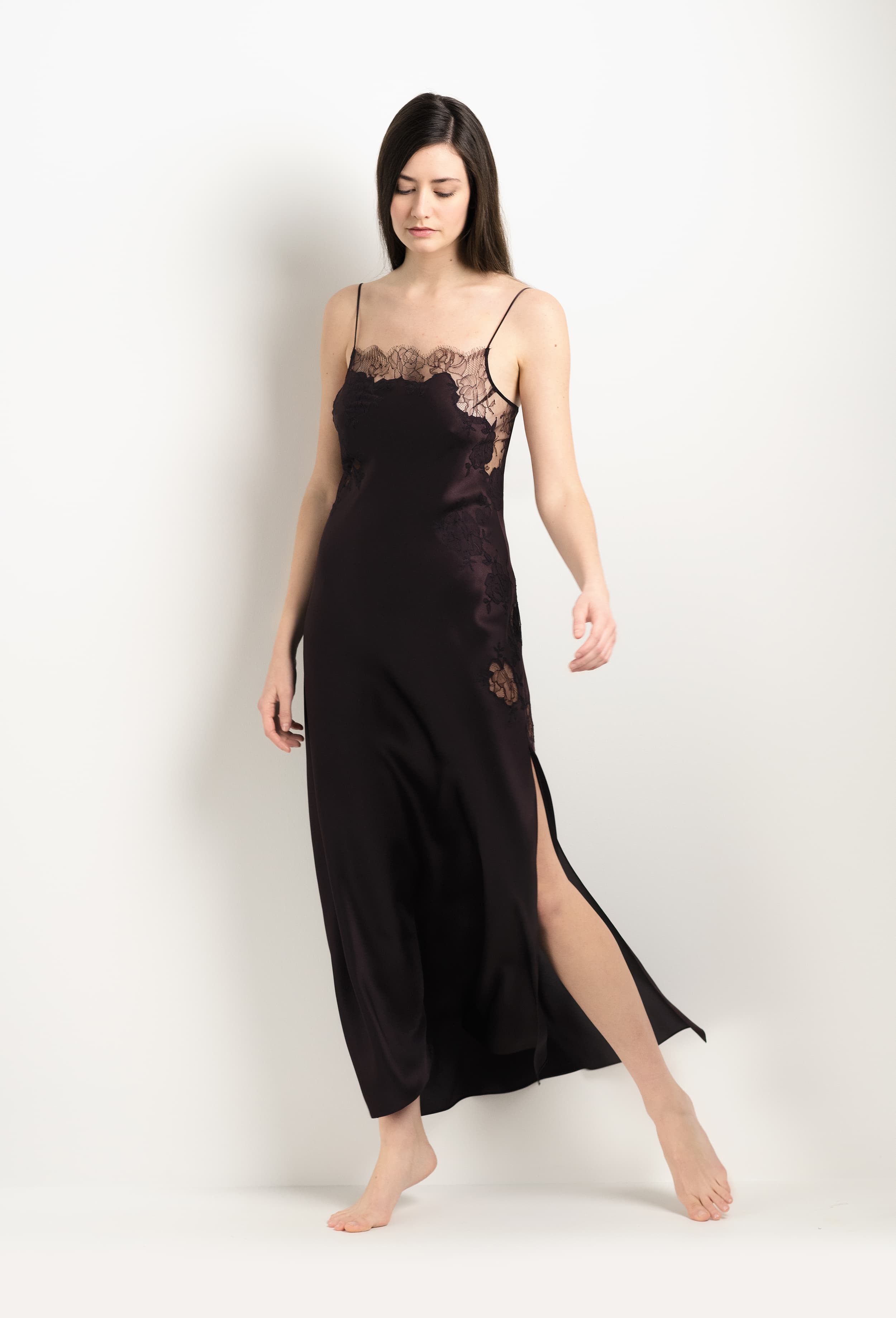 Discover the unique craftmanship of the belgian designer Carine Gilson in her atelier for the 2025 Winter collection with this Long Gown Straight Neckline in Ebony Silk  with Ebony lace