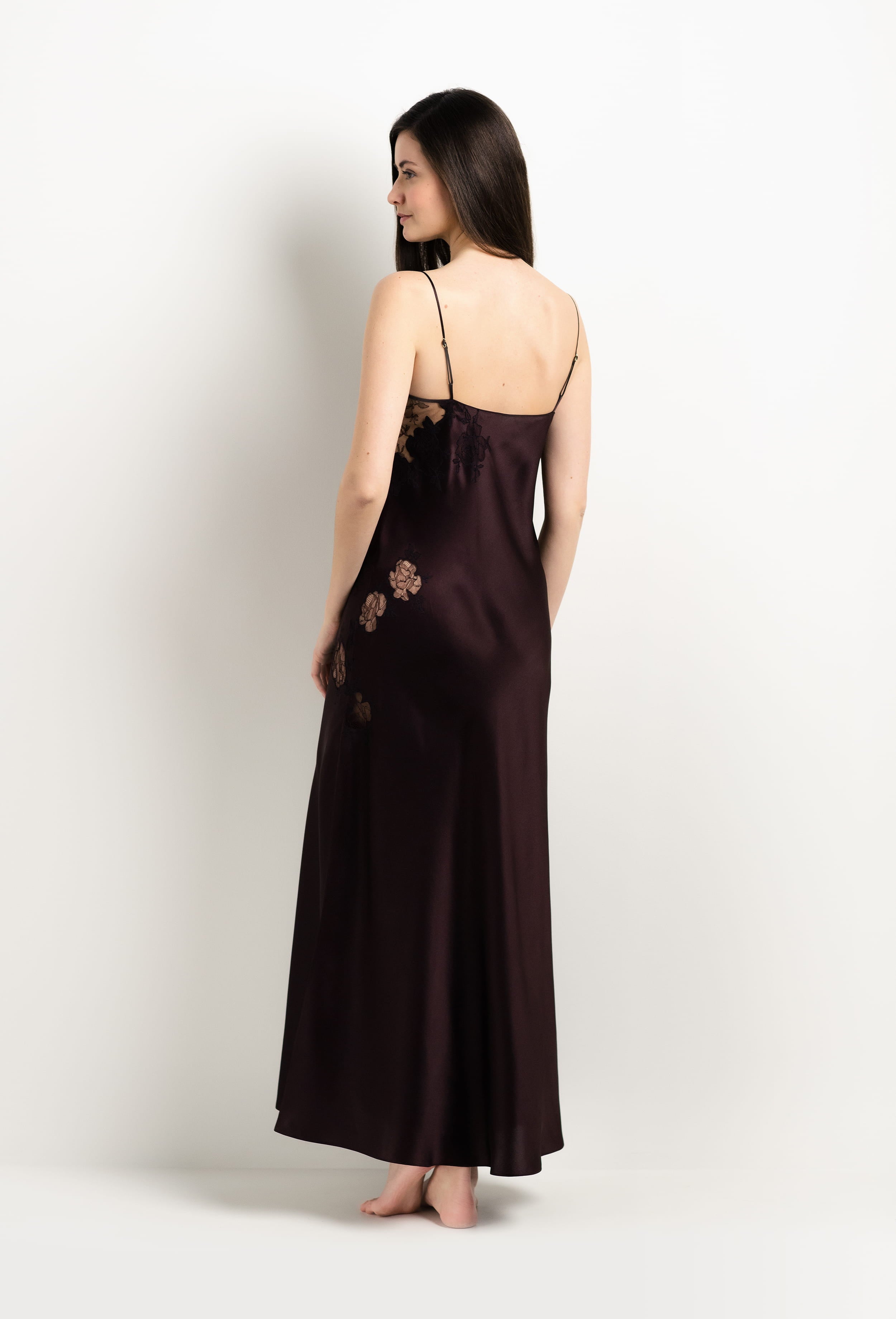 Discover the unique craftmanship of the belgian designer Carine Gilson in her atelier for the 2025 Winter collection with this Long Gown Straight Neckline in Ebony Silk  with Ebony lace
