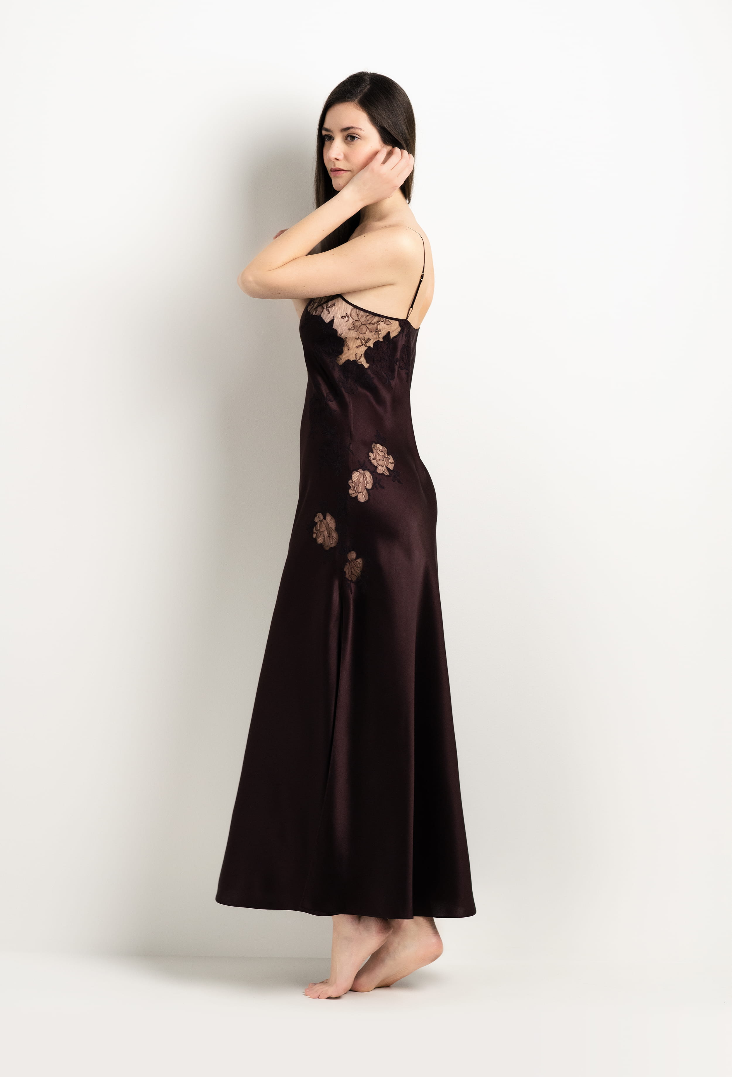 Discover the unique craftmanship of the belgian designer Carine Gilson in her atelier for the 2025 Winter collection with this Long Gown Straight Neckline in Ebony Silk  with Ebony lace
