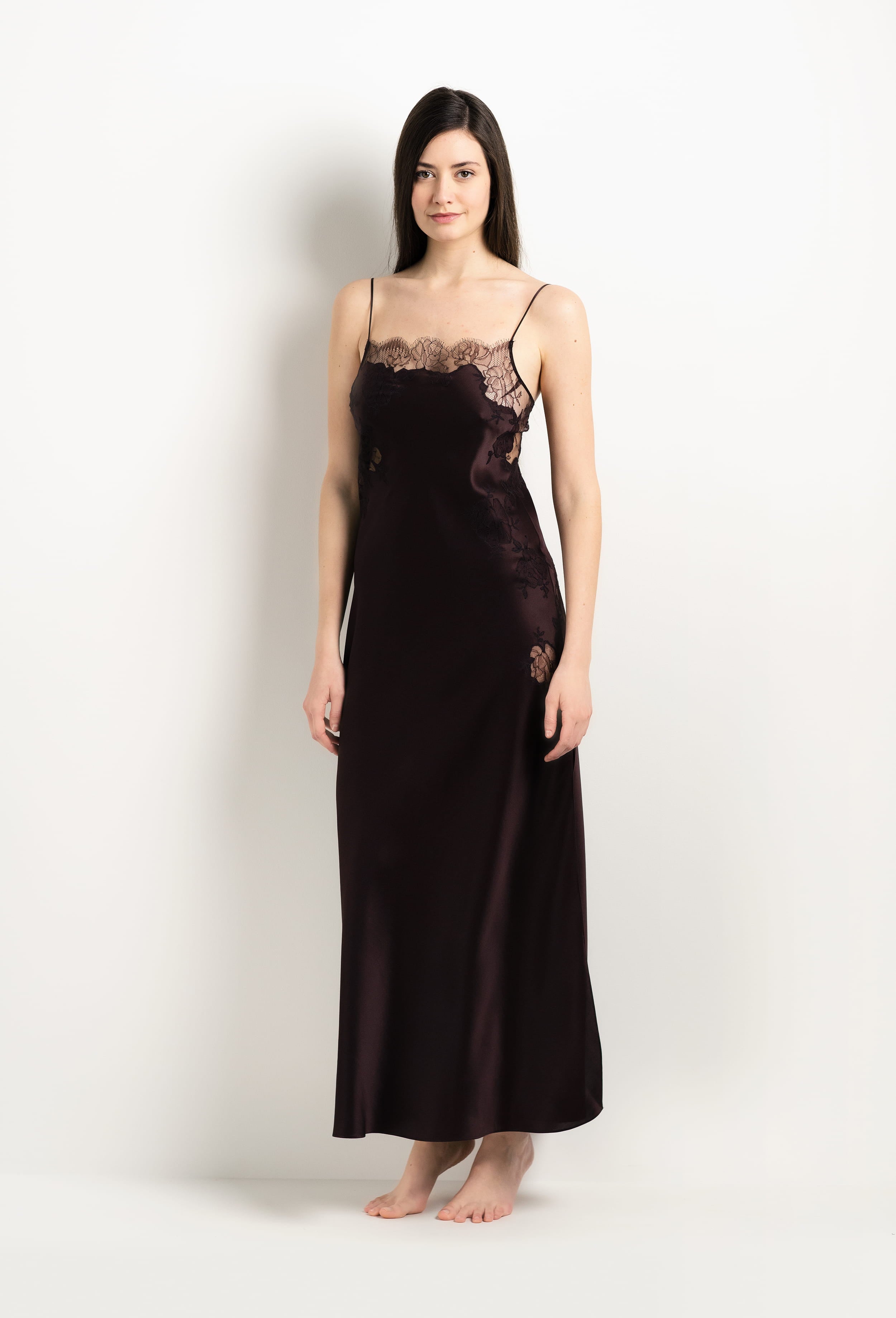 Discover the unique craftmanship of the belgian designer Carine Gilson in her atelier for the 2025 Winter collection with this Long Gown Straight Neckline in Ebony Silk  with Ebony lace