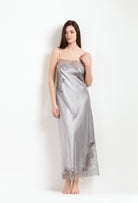 Discover the Hiver 2026-27 collection of lingerie couture from the house Carine Gilson with this Long Dress Straight Neckline in LeadGrey Silk with Grey lace