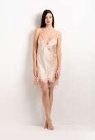 Made of silk and lace, explore the lingerie collection 2025 Summer from the house Carine Gilson with this Slip V Neckline in powder pink Silk  with light rose lace