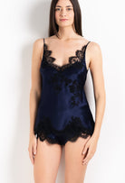 Enter Carine Gilson's world and the most beautiful silk collection with the 2026 Cruise collection with this Camisole V Neckline in Dark Marine Blue Silk  with black lace