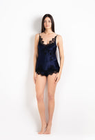 Enter Carine Gilson's world and the most beautiful silk collection with the 2026 Cruise collection with this Camisole V Neckline in Dark Marine Blue Silk  with black lace