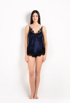Enter Carine Gilson's world and the most beautiful silk collection with the 2026 Cruise collection with this Camisole V Neckline in Dark Marine Blue Silk  with black lace