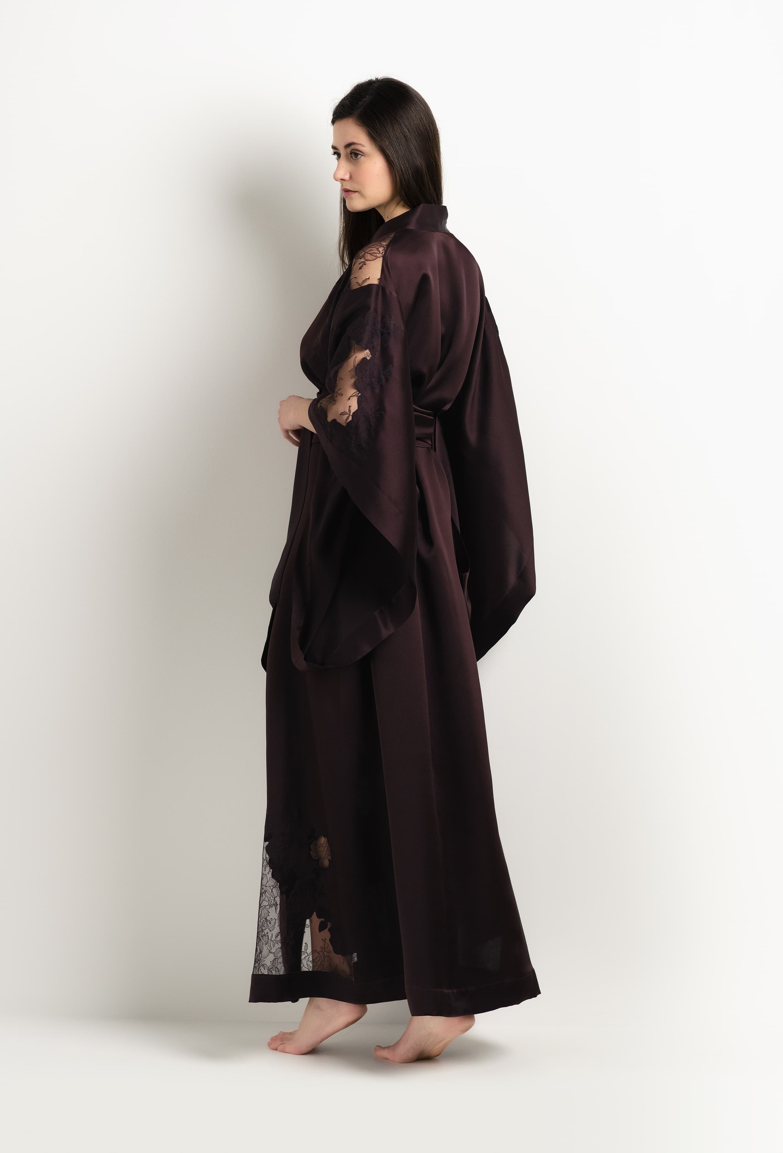 The 2025 Winter collection from the house Carine Gilson - The most beautiful couture lingerie to be discovered with this Long Kimono Butterfly Sleeves in Ebony Silk  with Ebony lace