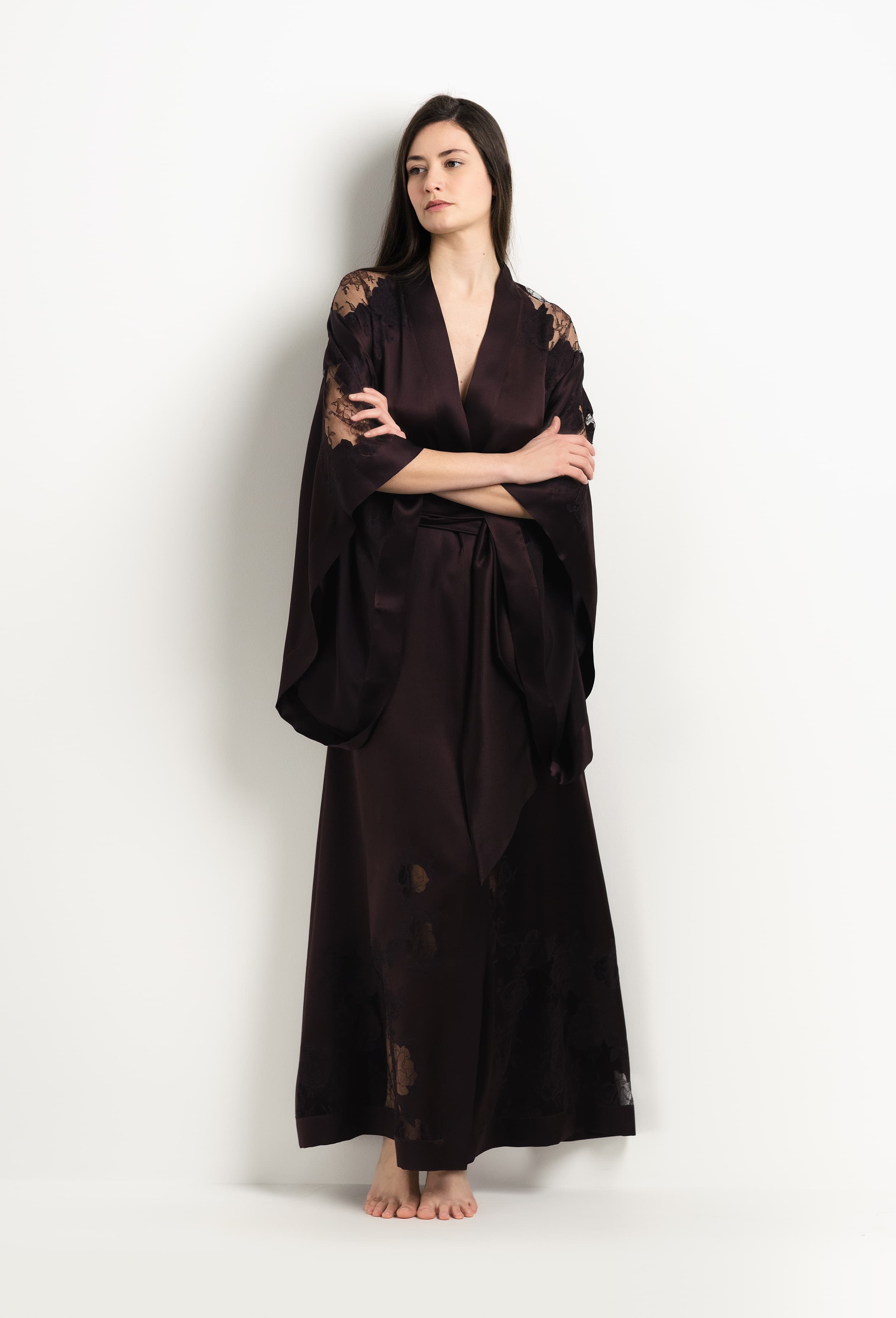 The 2025 Winter collection from the house Carine Gilson - The most beautiful couture lingerie to be discovered with this Long Kimono Butterfly Sleeves in Ebony Silk  with Ebony lace