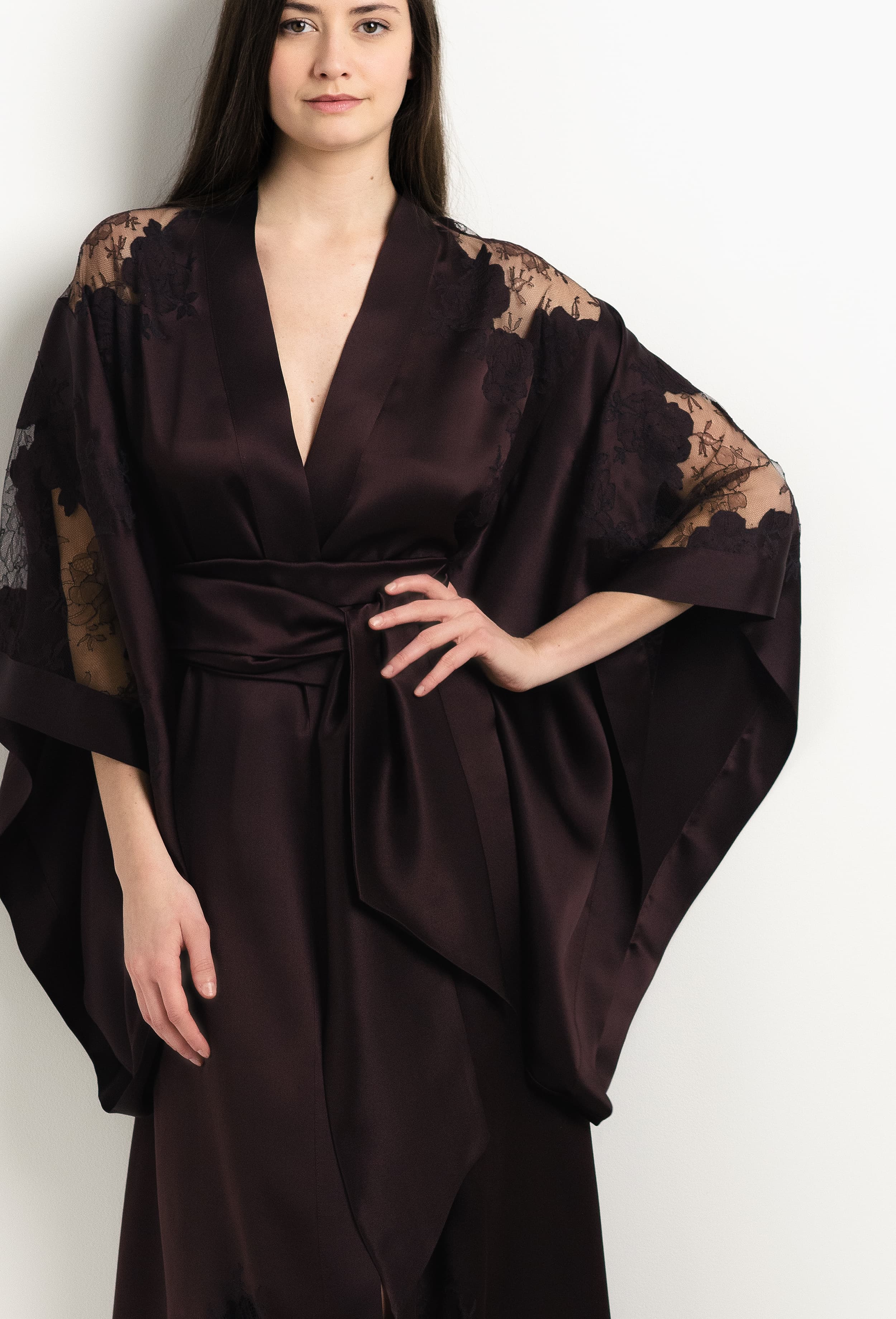 The 2025 Winter collection from the house Carine Gilson - The most beautiful couture lingerie to be discovered with this Long Kimono Butterfly Sleeves in Ebony Silk  with Ebony lace