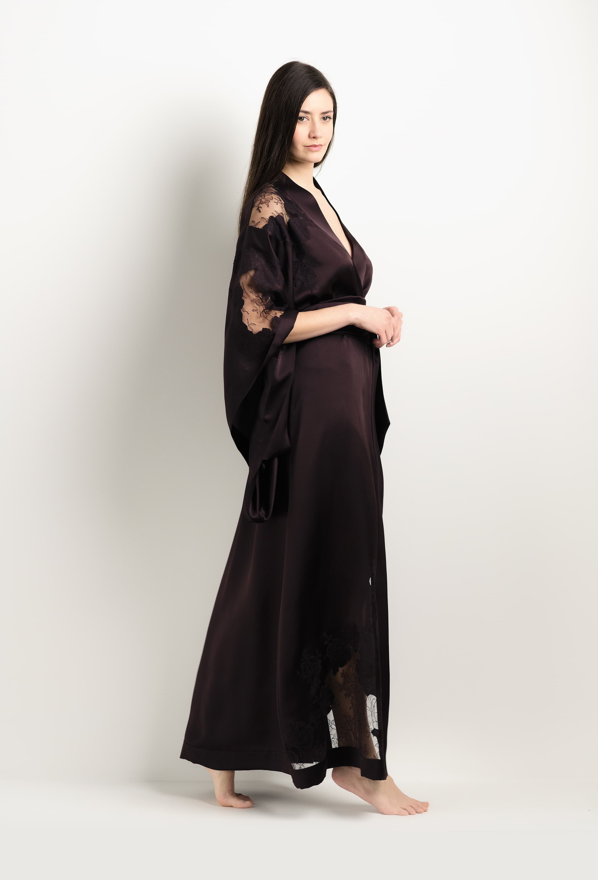 The 2025 Winter collection from the house Carine Gilson - The most beautiful couture lingerie to be discovered with this Long Kimono Butterfly Sleeves in Ebony Silk  with Ebony lace