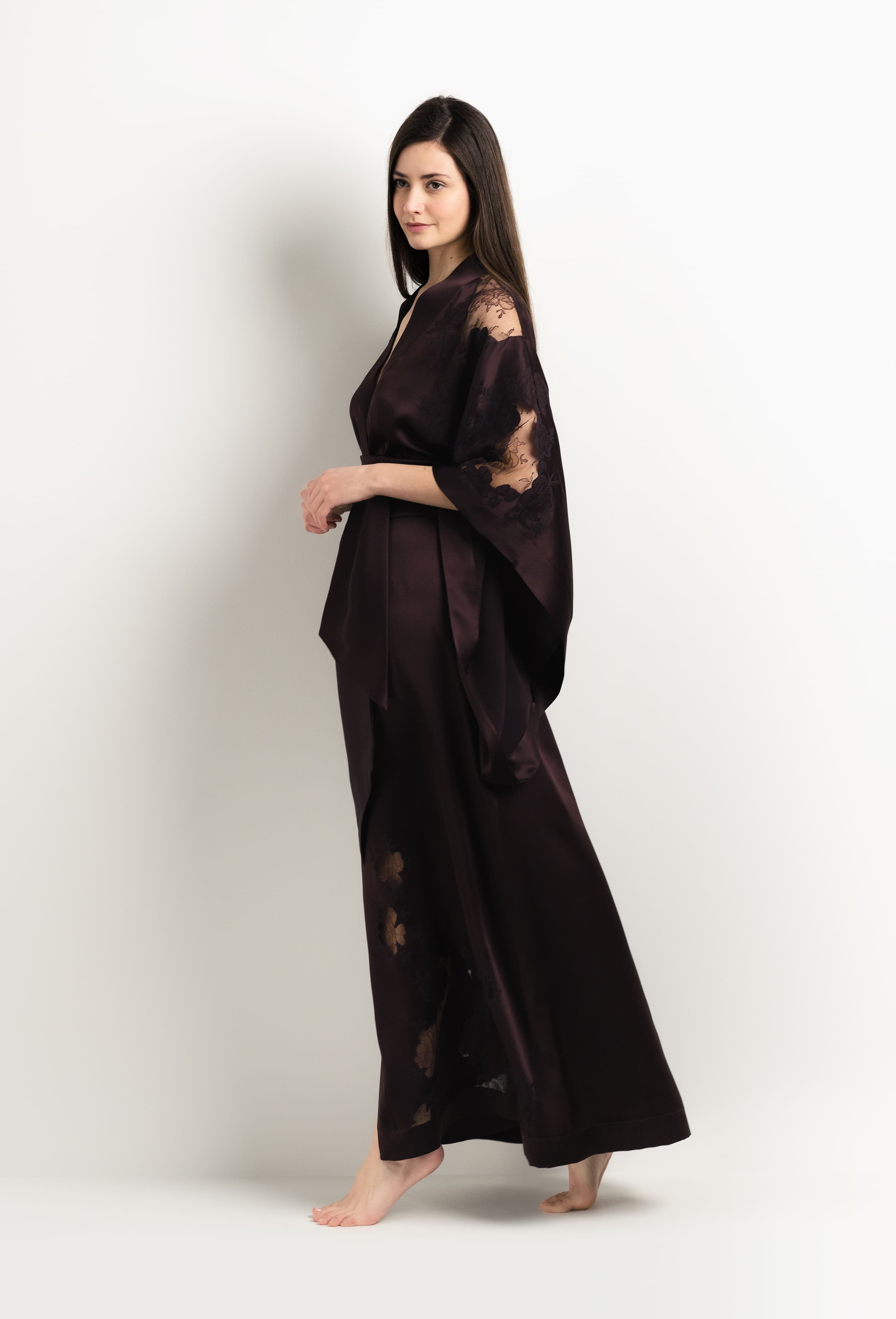 The 2025 Winter collection from the house Carine Gilson - The most beautiful couture lingerie to be discovered with this Long Kimono Butterfly Sleeves in Ebony Silk  with Ebony lace
