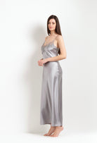 Enter Carine Gilson's world and the most beautiful silk lingerie with the Hiver 2026-27 collection with this Long Dress Classic Style in LeadGrey Silk  with Grey lace