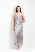 Enter Carine Gilson's world and the most beautiful silk lingerie with the Hiver 2026-27 collection with this Long Dress Classic Style in LeadGrey Silk  with Grey lace