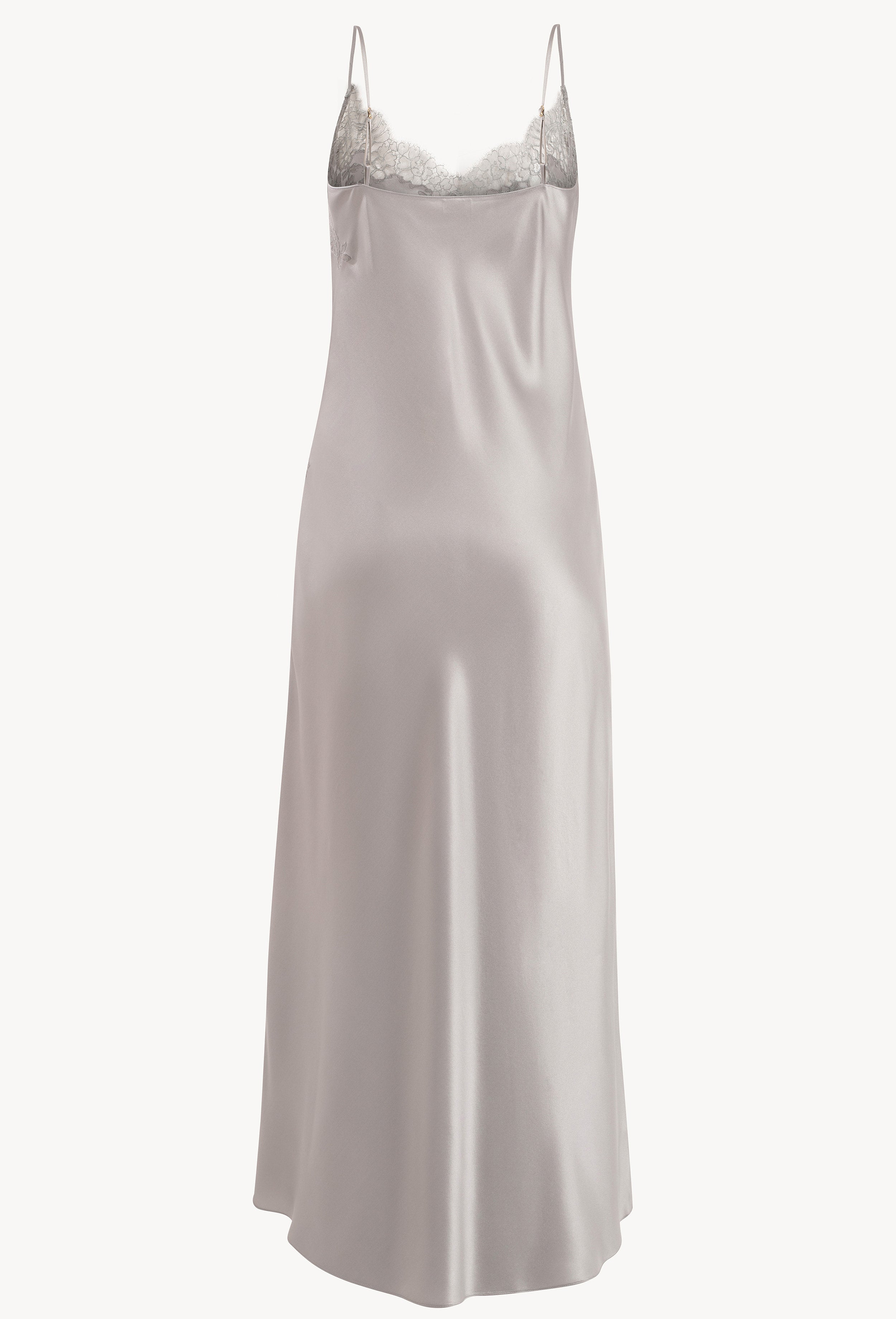 Enter Carine Gilson's world and the most beautiful silk lingerie with the Hiver 2026-27 collection with this Long Dress Classic Style in LeadGrey Silk  with Grey lace