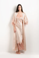 Be seduced by Carine Gilson most beautiful silk lingerie collection with this Long Kimono Classic Sleeves in powder pink Silk  with light rose lace