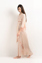 Be seduced by Carine Gilson most beautiful silk lingerie collection with this Long Kimono Classic Sleeves in powder pink Silk  with light rose lace