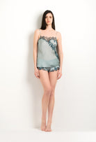 Made of silk and lace, explore the lingerie collection 2024 winter from the house Carine Gilson with this Camisole Straight Neckline in grey blue Silk with emerald green lace