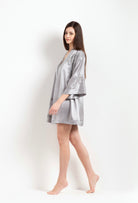 Made of silk and lace, explore the lingerie collection Hiver 2026-27 from the house Carine Gilson with this Short Kimono Classic Sleeves in LeadGrey Silk  with Grey lace