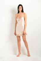 Explore the lingerie collection 2023-24 winter from the house Carine Gilson with this Babydoll Light V Neckline in light pink blush Silk with beige lace