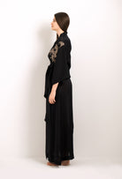 Be seduced by Carine Gilson silk lingerie collection with this Long Kimono Classic Sleeves in Black Silk with gold lace