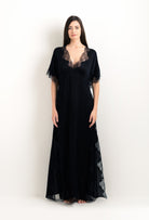 The 2025 cruise collection from the house Carine Gilson - The most beautiful couture lingerie to be discovered with this Kaftan Silk Satin with Lace in Black Silk  with Black lace