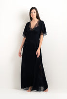 The 2025 cruise collection from the house Carine Gilson - The most beautiful couture lingerie to be discovered with this Kaftan Silk Satin with Lace in Black Silk  with Black lace