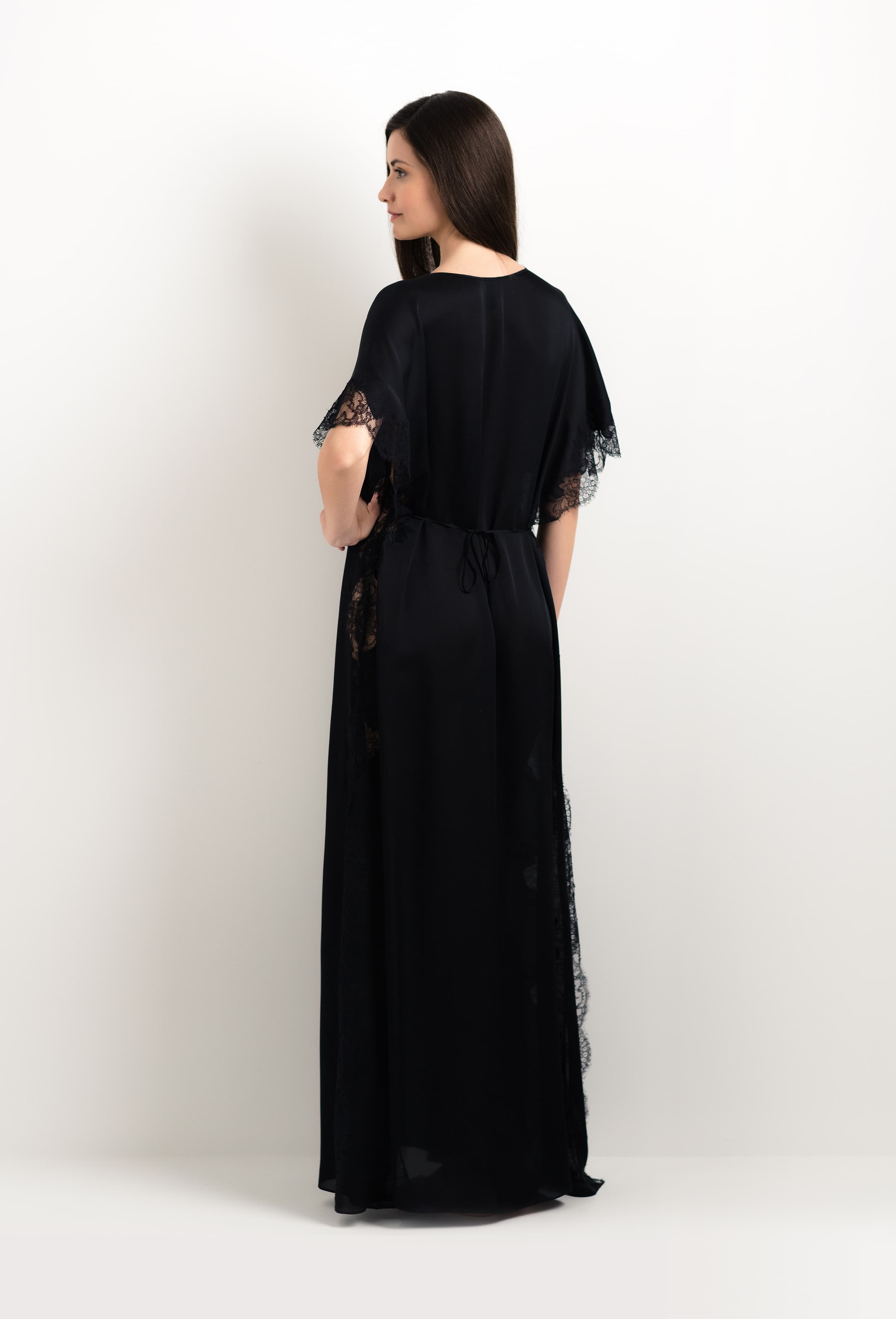 The 2025 cruise collection from the house Carine Gilson - The most beautiful couture lingerie to be discovered with this Kaftan Silk Satin with Lace in Black Silk  with Black lace