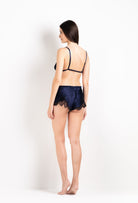 Be seduced by Carine Gilson most beautiful silk lingerie collection with this Soft Triangle Bra in Dark Marine Blue Silk  with black lace
